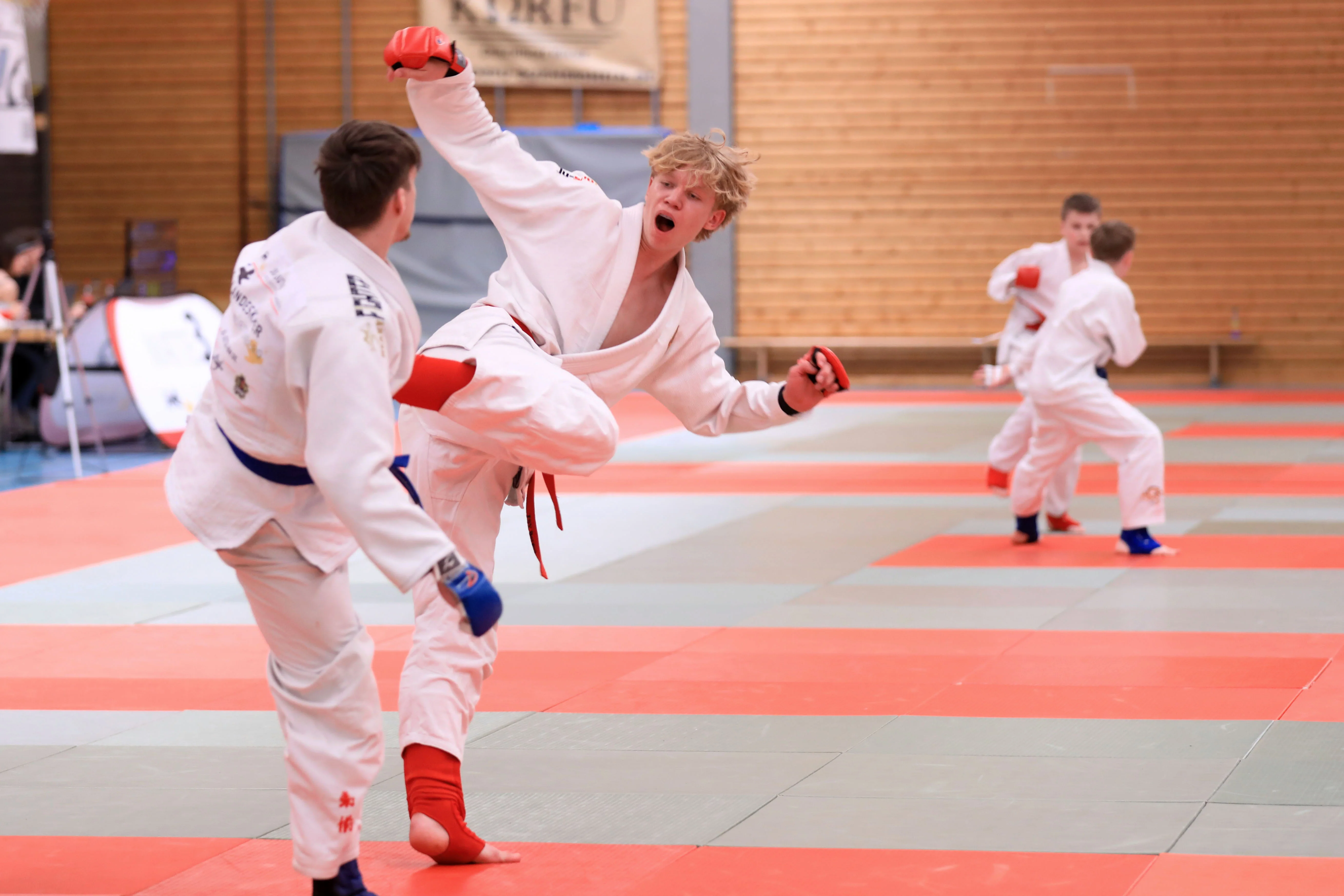 Mit der Goldmedaille holte sich Elias Wiedemann (roter Gürtel) nicht nur den Titel Süddeutscher Meister, sondern qualifizierte sich auch für die Deutsche.